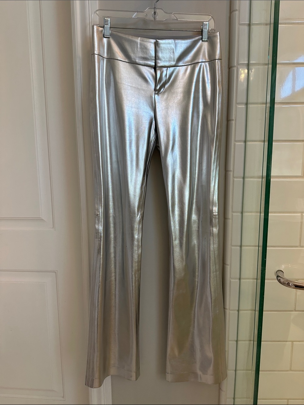 Alice and Olivia Silver Metallic Flared faux leather low rise pants